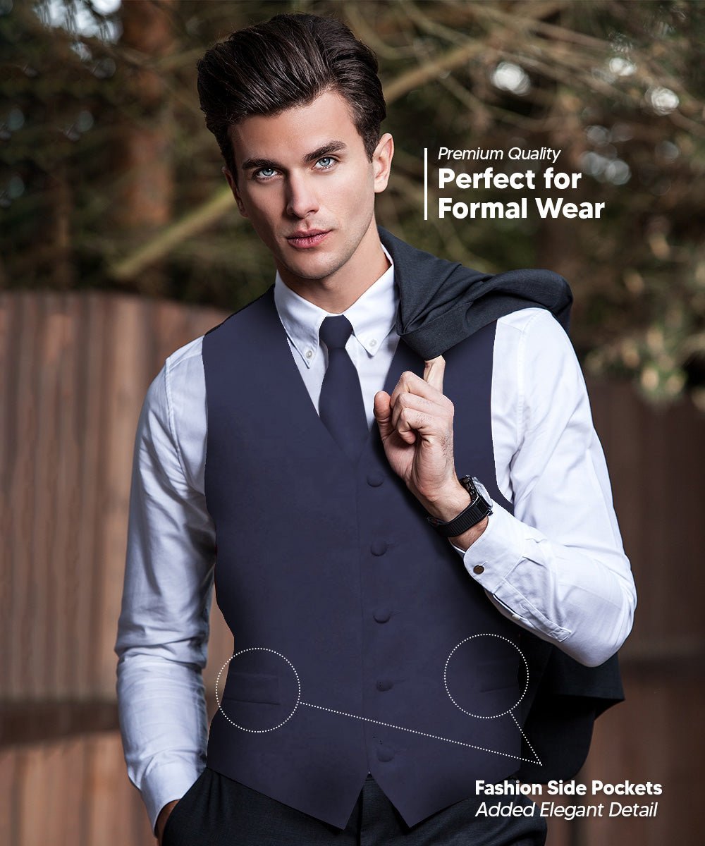 Vittorio Farina Men's Satin Vest, Necktie, Bow Tie and Pocket Square Set (Black Back) - vest_plain_BB_navy_XS - Classy Cufflinks
