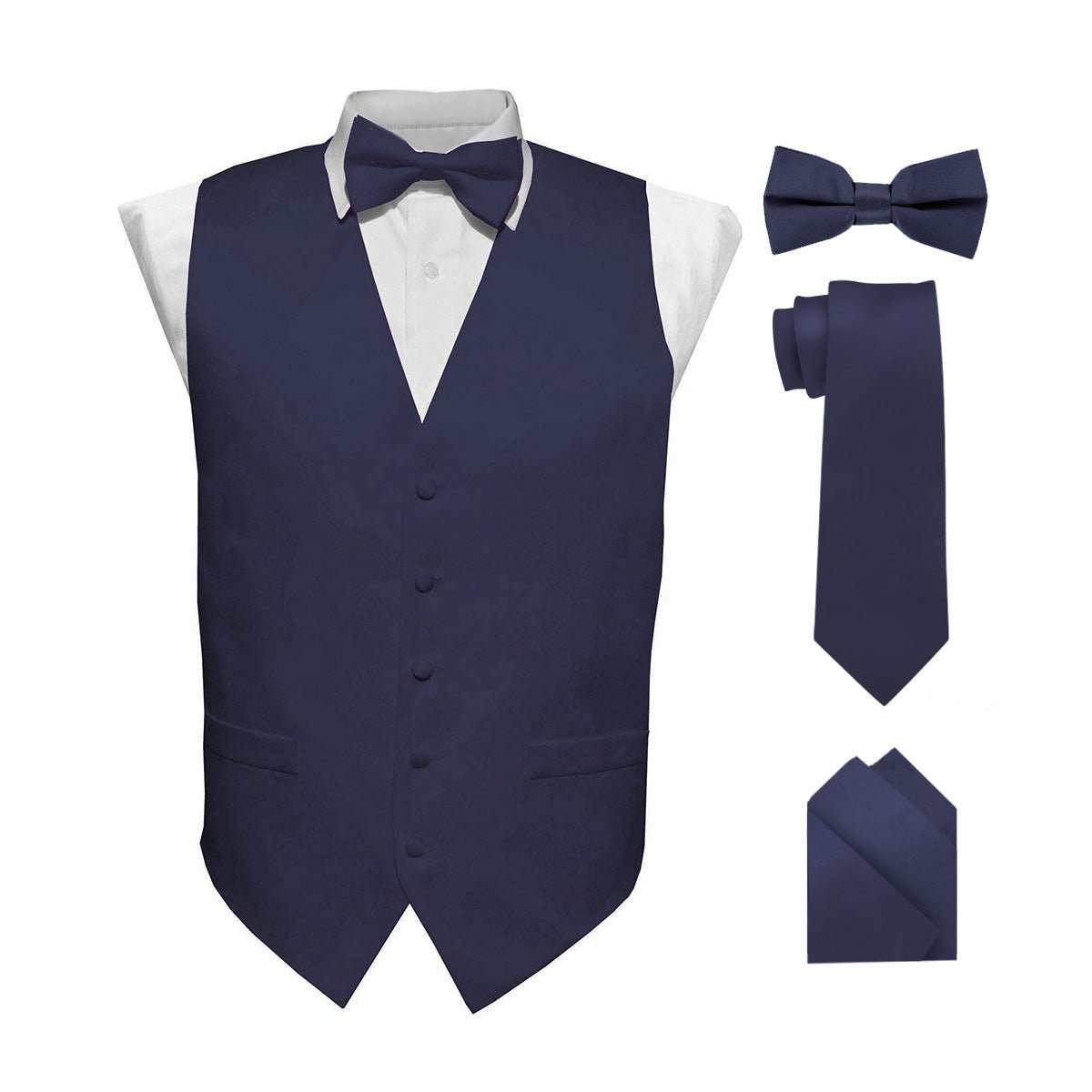 Vittorio Farina Men's Satin Vest, Necktie, Bow Tie and Pocket Square Set (Black Back) - vest_plain_BB_navy_XS - Classy Cufflinks