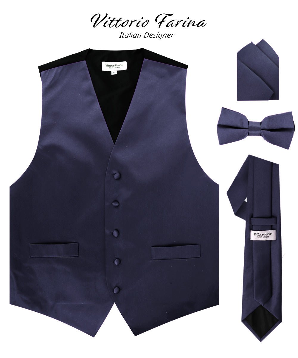 Vittorio Farina Men's Satin Vest, Necktie, Bow Tie and Pocket Square Set (Black Back) - vest_plain_BB_navy_XS - Classy Cufflinks