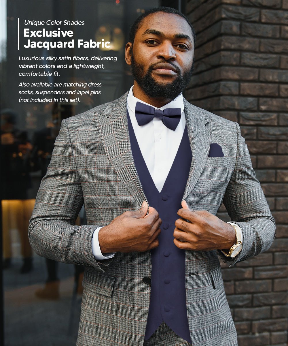 Vittorio Farina Men's Satin Vest, Necktie, Bow Tie and Pocket Square Set (Black Back) - vest_plain_BB_navy_XS - Classy Cufflinks