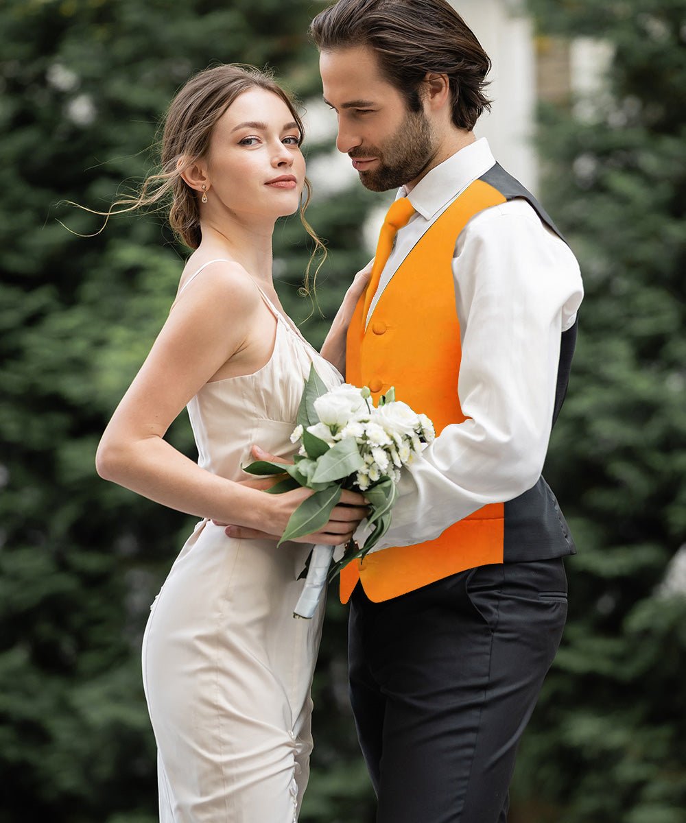 Vittorio Farina Men's Satin Vest, Necktie, Bow Tie and Pocket Square Set (Black Back) - vest_plain_BB_orange_XS - Classy Cufflinks