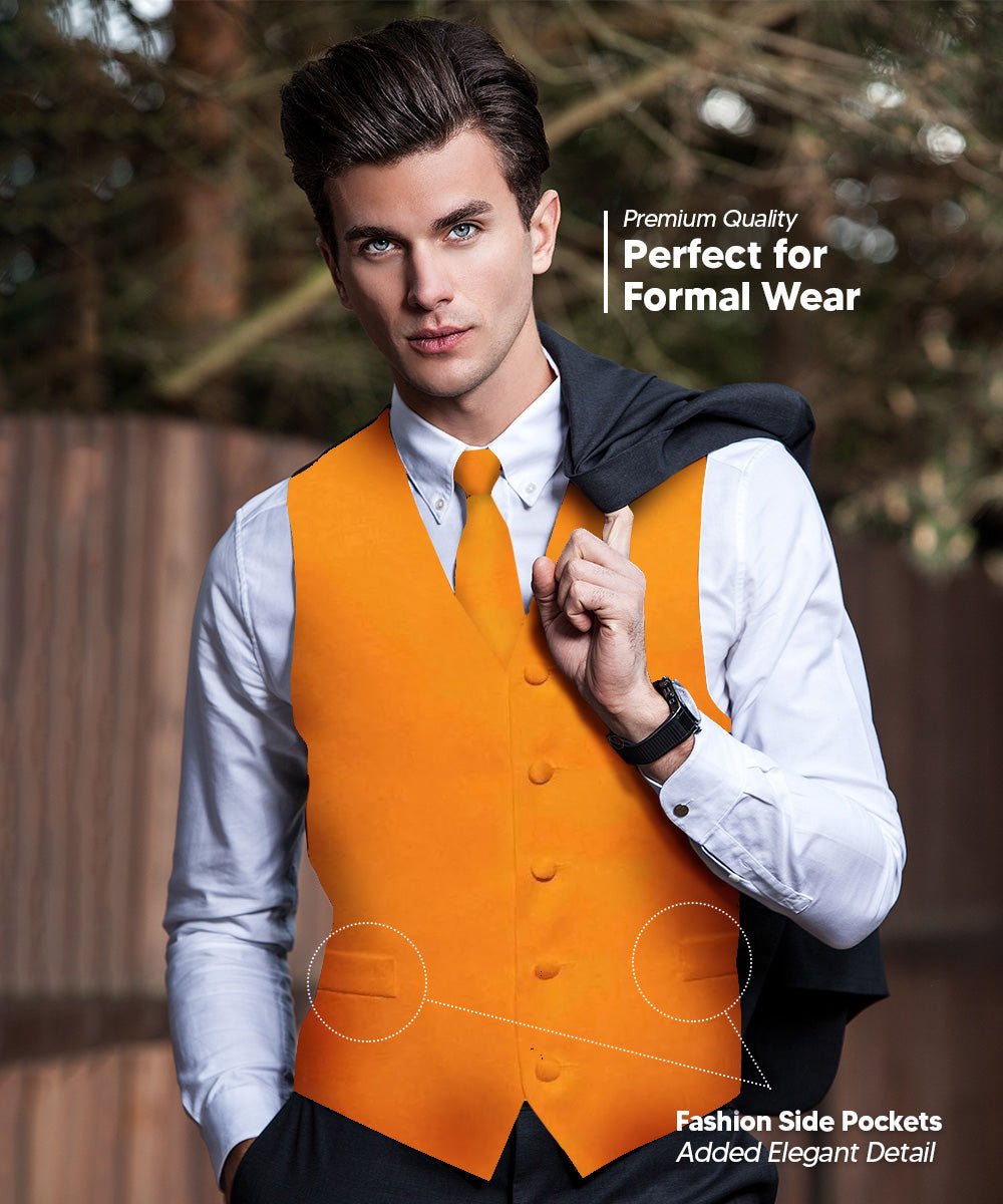 Vittorio Farina Men's Satin Vest, Necktie, Bow Tie and Pocket Square Set (Black Back) - vest_plain_BB_orange_XS - Classy Cufflinks