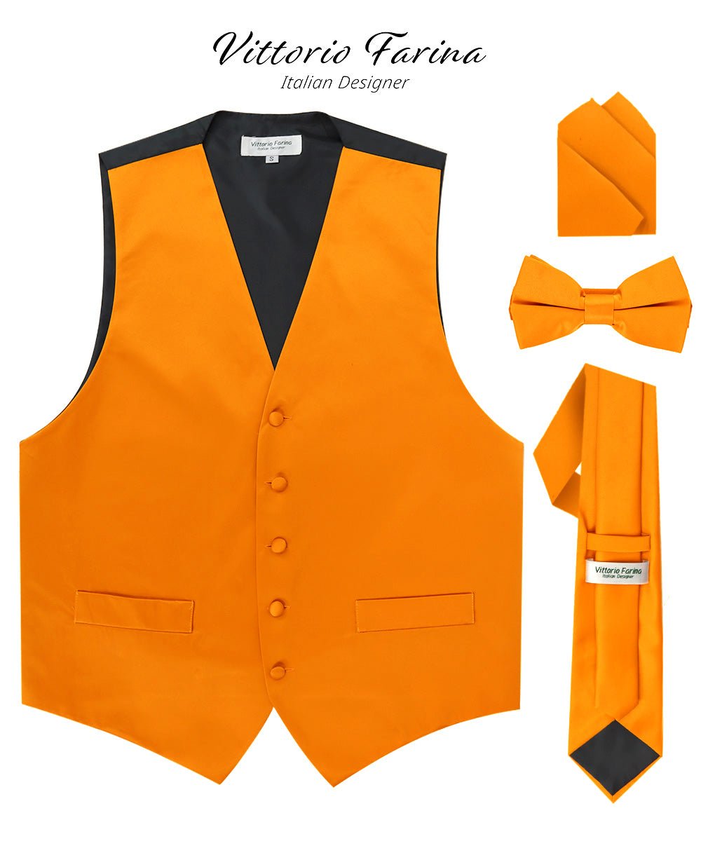 Vittorio Farina Men's Satin Vest, Necktie, Bow Tie and Pocket Square Set (Black Back) - vest_plain_BB_orange_XS - Classy Cufflinks