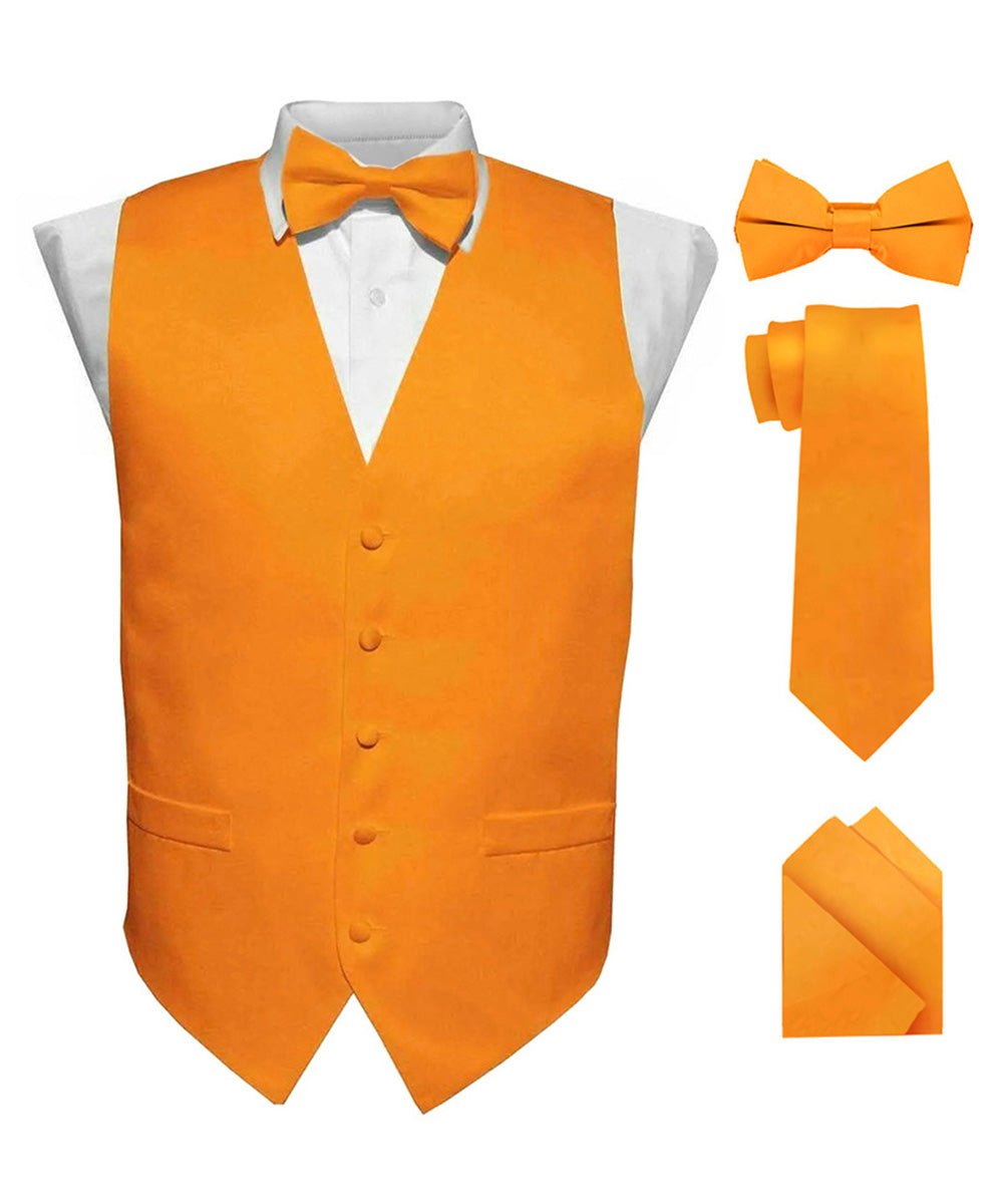 Vittorio Farina Men's Satin Vest, Necktie, Bow Tie and Pocket Square Set (Black Back) - vest_plain_BB_orange_XS - Classy Cufflinks