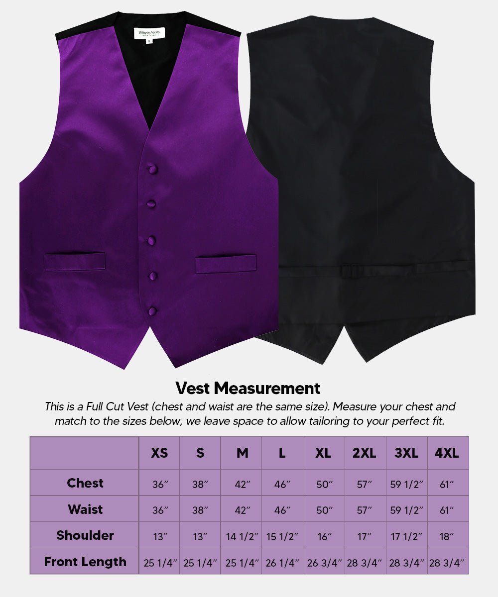 Vittorio Farina Men's Satin Vest, Necktie, Bow Tie and Pocket Square Set (Black Back) - vest_plain_BB_purple_XS - Classy Cufflinks