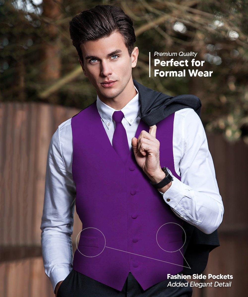 Vittorio Farina Men's Satin Vest, Necktie, Bow Tie and Pocket Square Set (Black Back) - vest_plain_BB_purple_XS - Classy Cufflinks