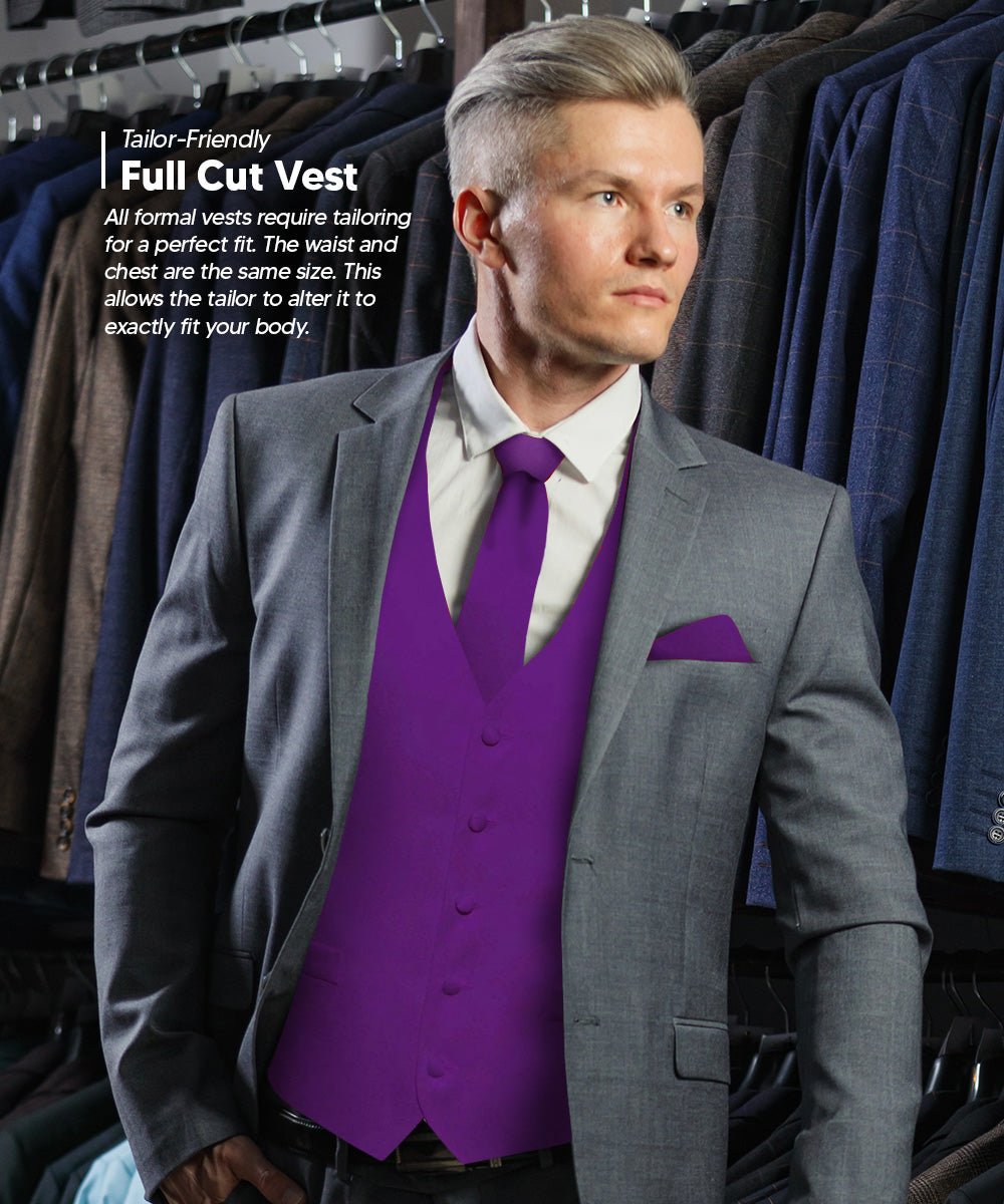 Vittorio Farina Men's Satin Vest, Necktie, Bow Tie and Pocket Square Set (Black Back) - vest_plain_BB_purple_XS - Classy Cufflinks