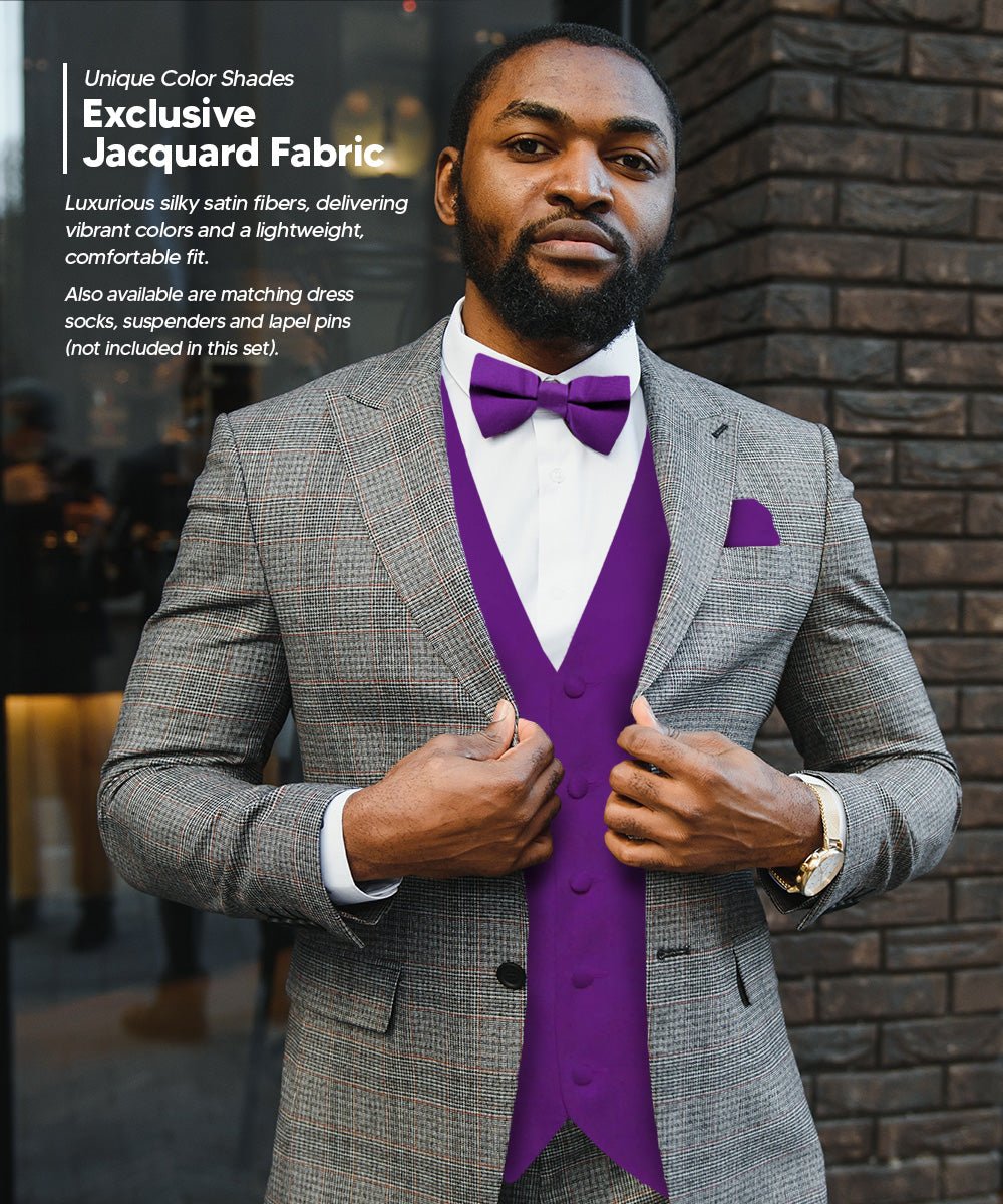 Vittorio Farina Men's Satin Vest, Necktie, Bow Tie and Pocket Square Set (Black Back) - vest_plain_BB_purple_XS - Classy Cufflinks