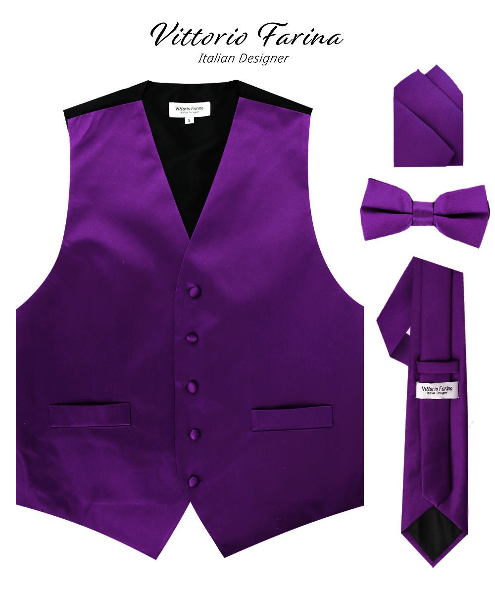 Vittorio Farina Men's Satin Vest, Necktie, Bow Tie and Pocket Square Set (Black Back) - vest_plain_BB_purple_XS - Classy Cufflinks