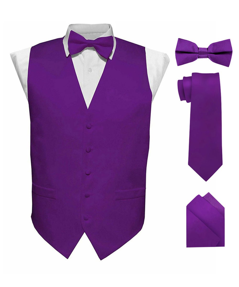 Vittorio Farina Men's Satin Vest, Necktie, Bow Tie and Pocket Square Set (Black Back) - vest_plain_BB_purple_XS - Classy Cufflinks