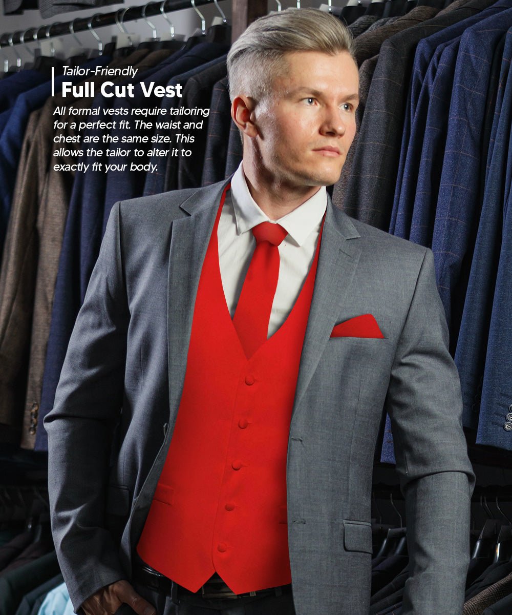 Vittorio Farina Men's Satin Vest, Necktie, Bow Tie and Pocket Square Set (Black Back) - vest_plain_BB_red_XS - Classy Cufflinks