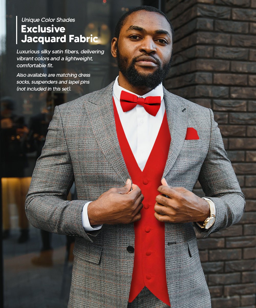 Vittorio Farina Men's Satin Vest, Necktie, Bow Tie and Pocket Square Set (Black Back) - vest_plain_BB_red_XS - Classy Cufflinks