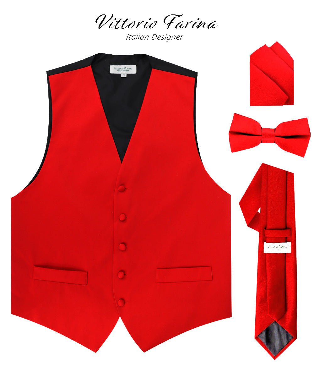 Vittorio Farina Men's Satin Vest, Necktie, Bow Tie and Pocket Square Set (Black Back) - vest_plain_BB_red_XS - Classy Cufflinks