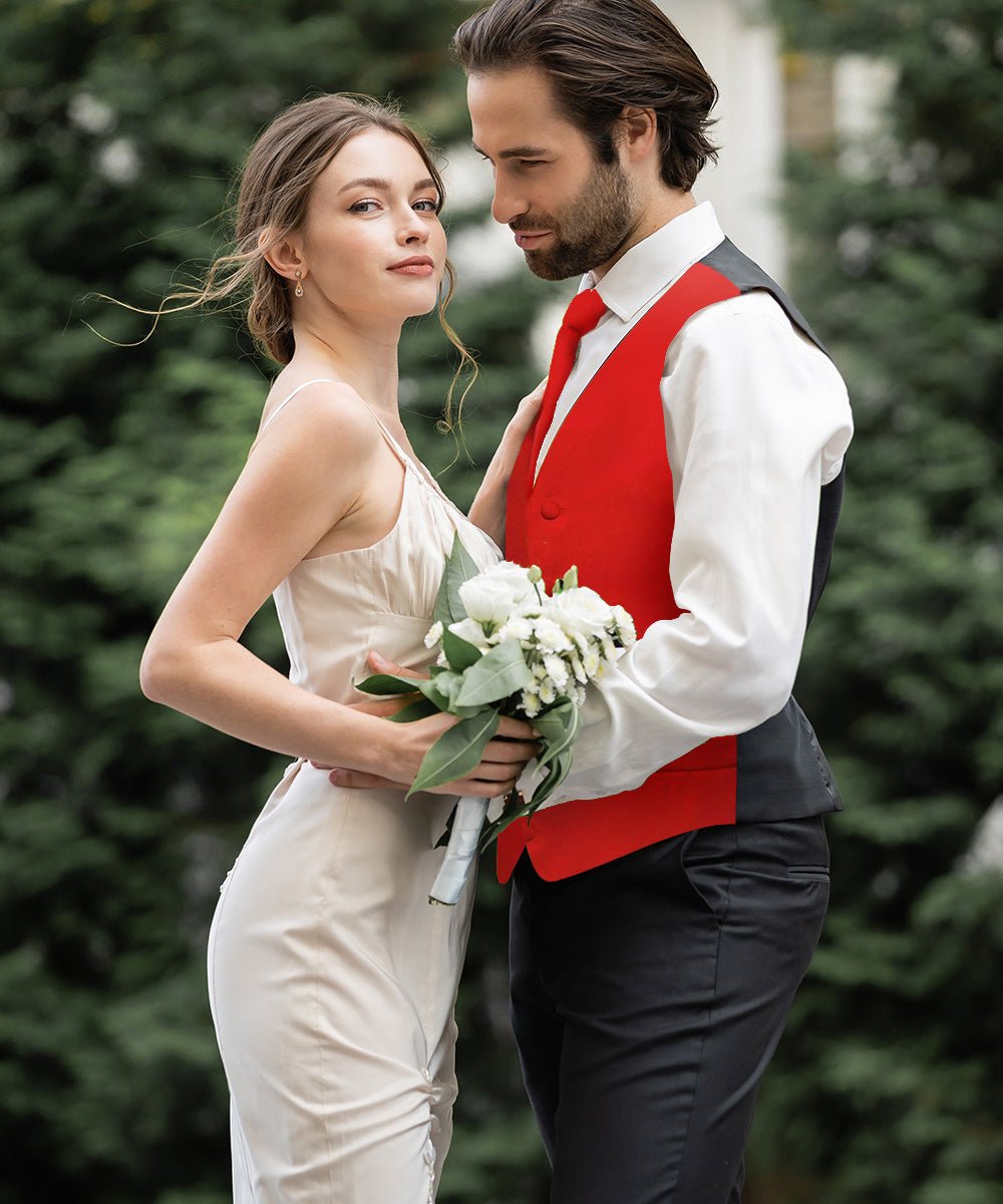 Vittorio Farina Men's Satin Vest, Necktie, Bow Tie and Pocket Square Set (Black Back) - vest_plain_BB_red_XS - Classy Cufflinks