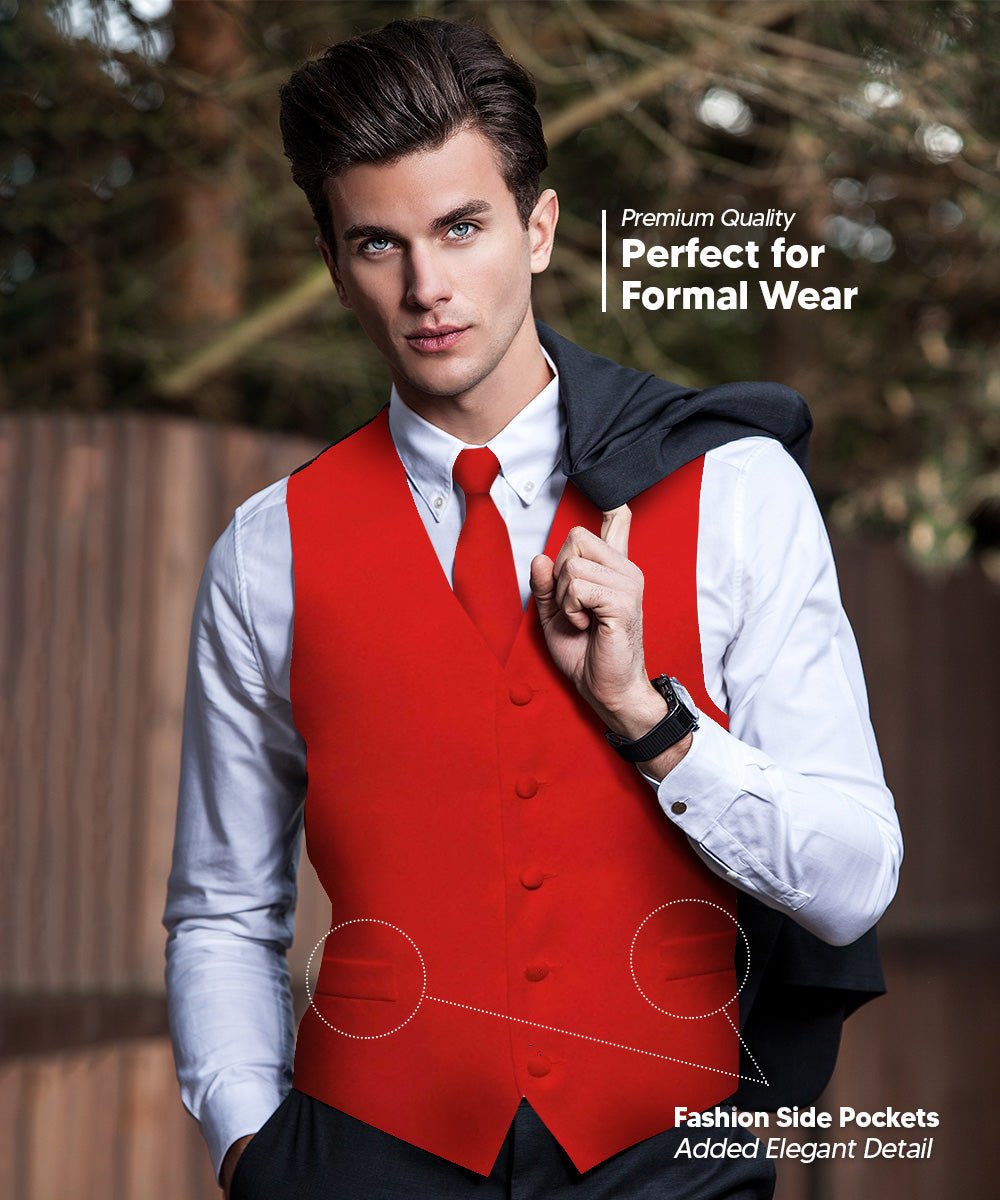 Vittorio Farina Men's Satin Vest, Necktie, Bow Tie and Pocket Square Set (Black Back) - vest_plain_BB_red_XS - Classy Cufflinks
