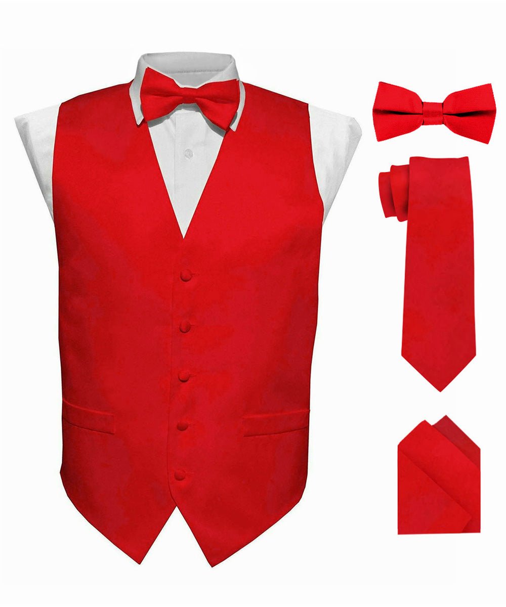 Vittorio Farina Men's Satin Vest, Necktie, Bow Tie and Pocket Square Set (Black Back) - vest_plain_BB_red_XS - Classy Cufflinks