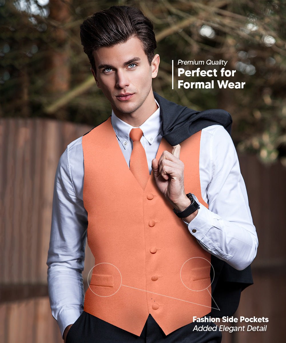 Vittorio Farina Men's Satin Vest, Necktie, Bow Tie and Pocket Square Set (Black Back) - vest_plain_BB_rosegold_XS - Classy Cufflinks