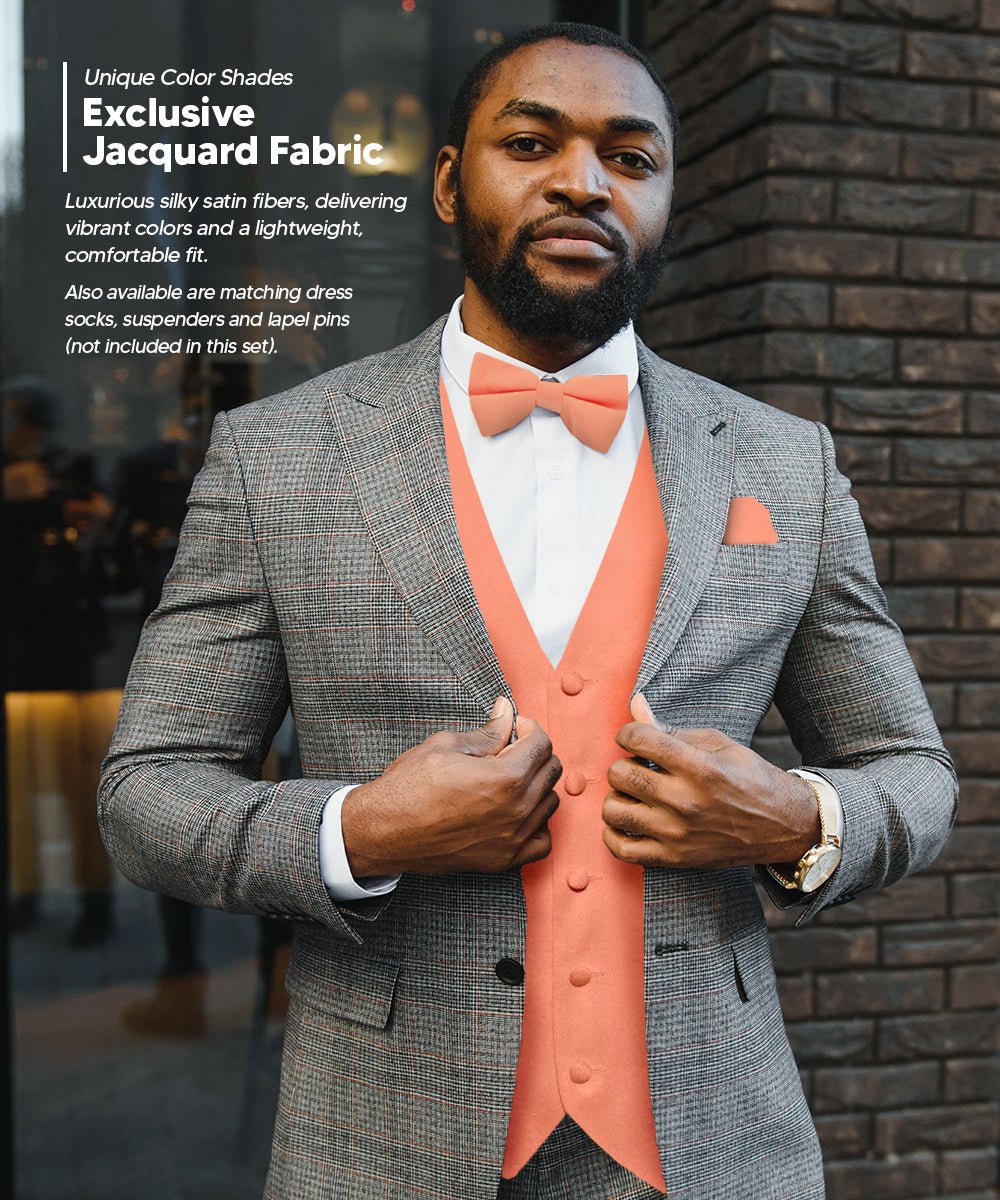 Vittorio Farina Men's Satin Vest, Necktie, Bow Tie and Pocket Square Set (Black Back) - vest_plain_BB_rosegold_XS - Classy Cufflinks