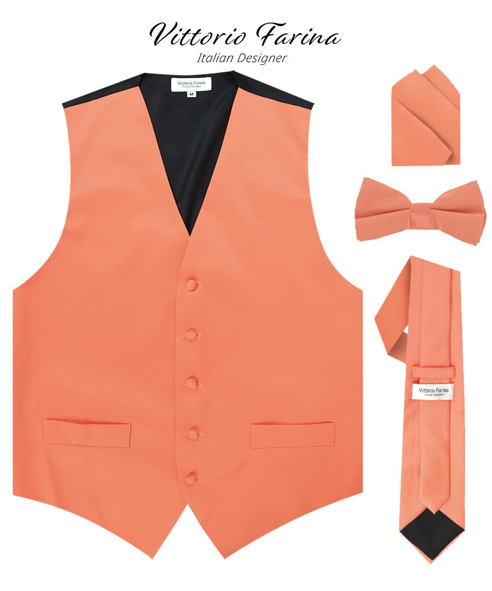 Vittorio Farina Men's Satin Vest, Necktie, Bow Tie and Pocket Square Set (Black Back) - vest_plain_BB_rosegold_XS - Classy Cufflinks