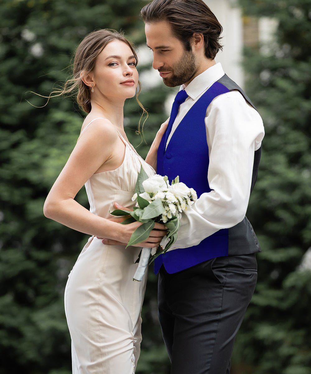 Vittorio Farina Men's Satin Vest, Necktie, Bow Tie and Pocket Square Set (Black Back) - vest_plain_BB_royal_XS - Classy Cufflinks