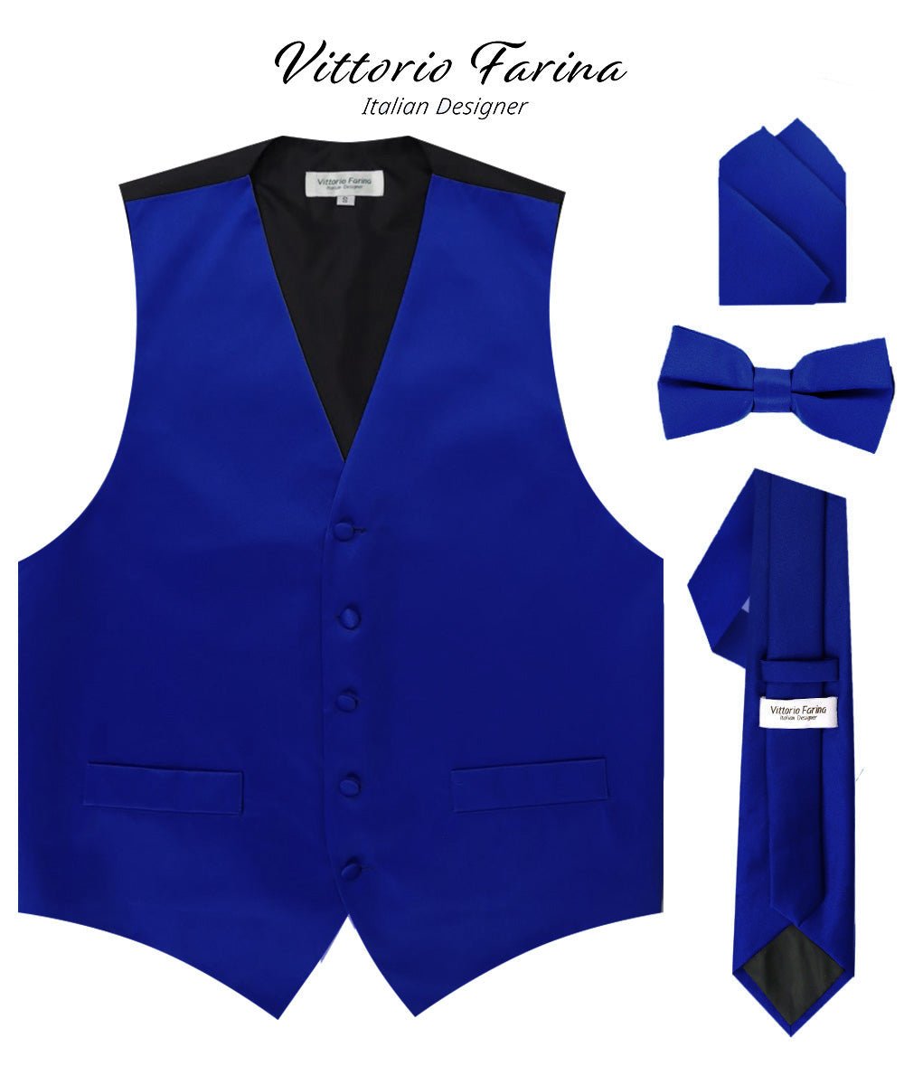 Vittorio Farina Men's Satin Vest, Necktie, Bow Tie and Pocket Square Set (Black Back) - vest_plain_BB_royal_XS - Classy Cufflinks