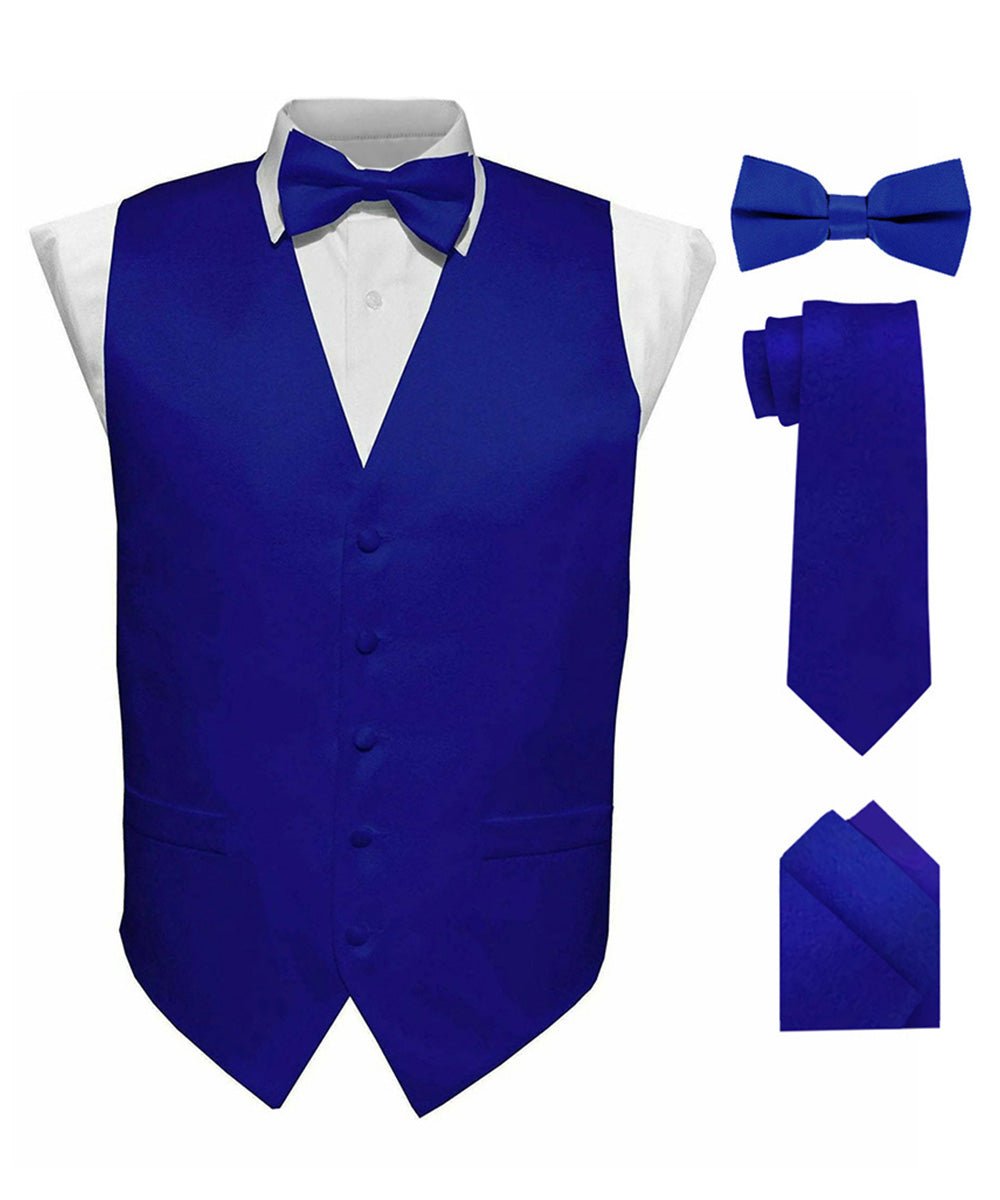Vittorio Farina Men's Satin Vest, Necktie, Bow Tie and Pocket Square Set (Black Back) - vest_plain_BB_royal_XS - Classy Cufflinks