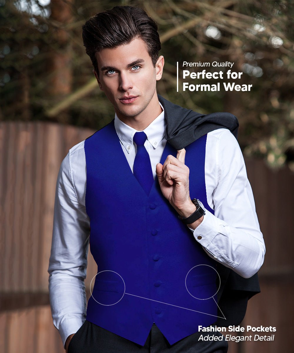 Vittorio Farina Men's Satin Vest, Necktie, Bow Tie and Pocket Square Set (Black Back) - vest_plain_BB_royal_XS - Classy Cufflinks