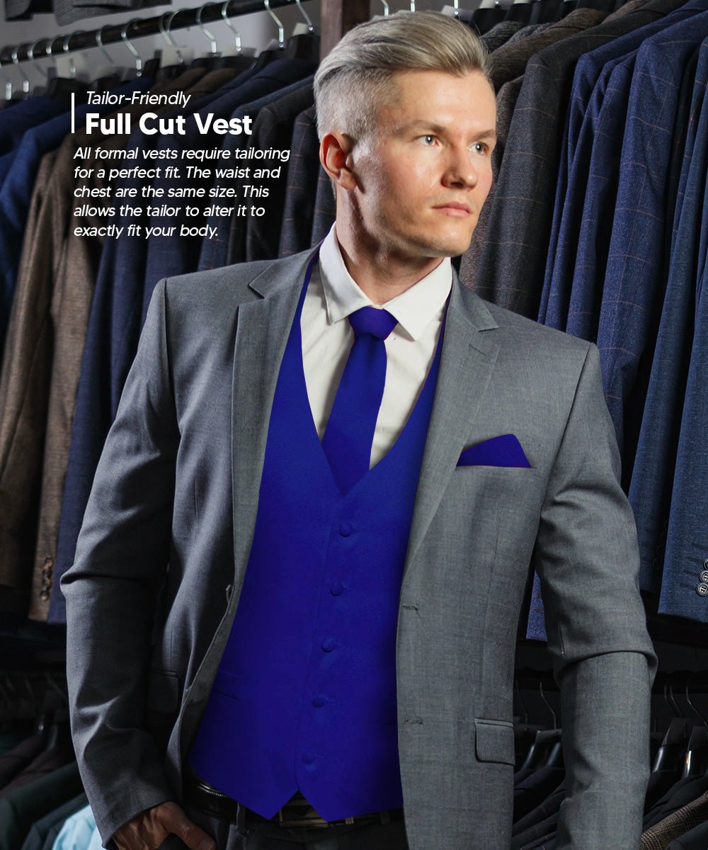 Vittorio Farina Men's Satin Vest, Necktie, Bow Tie and Pocket Square Set (Black Back) - vest_plain_BB_royal_XS - Classy Cufflinks