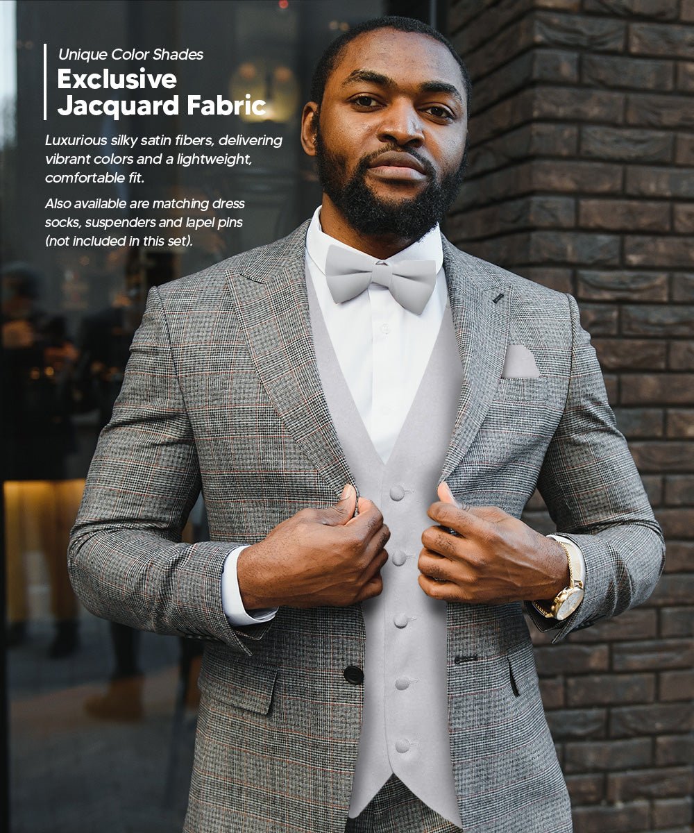 Vittorio Farina Men's Satin Vest, Necktie, Bow Tie and Pocket Square Set (Black Back) - vest_plain_BB_silver_XS - Classy Cufflinks