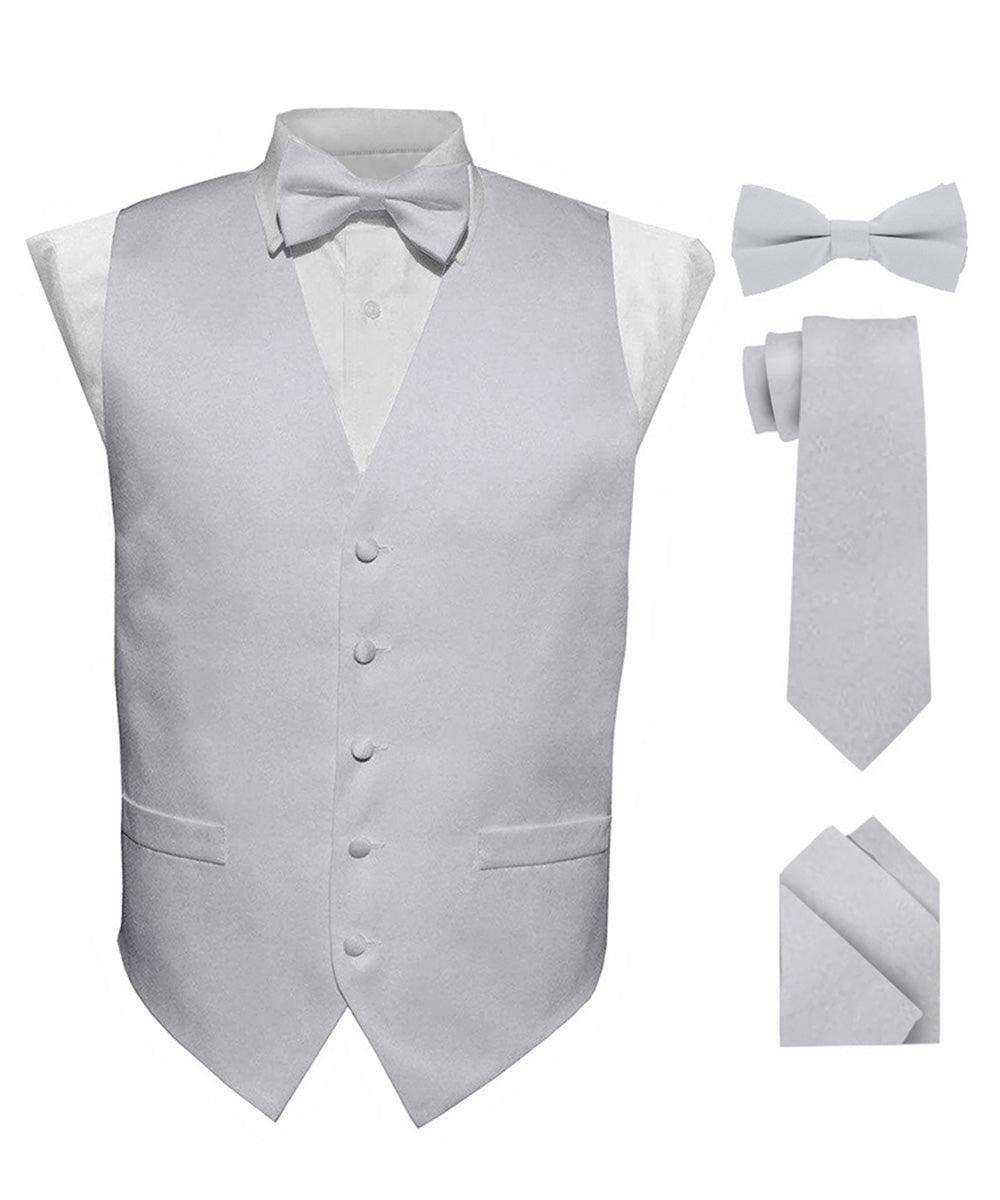 Vittorio Farina Men's Satin Vest, Necktie, Bow Tie and Pocket Square Set (Black Back) - vest_plain_BB_silver_XS - Classy Cufflinks