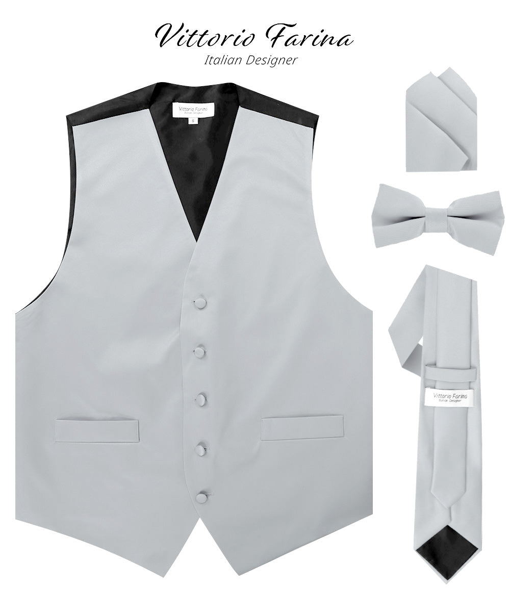 Vittorio Farina Men's Satin Vest, Necktie, Bow Tie and Pocket Square Set (Black Back) - vest_plain_BB_silver_XS - Classy Cufflinks