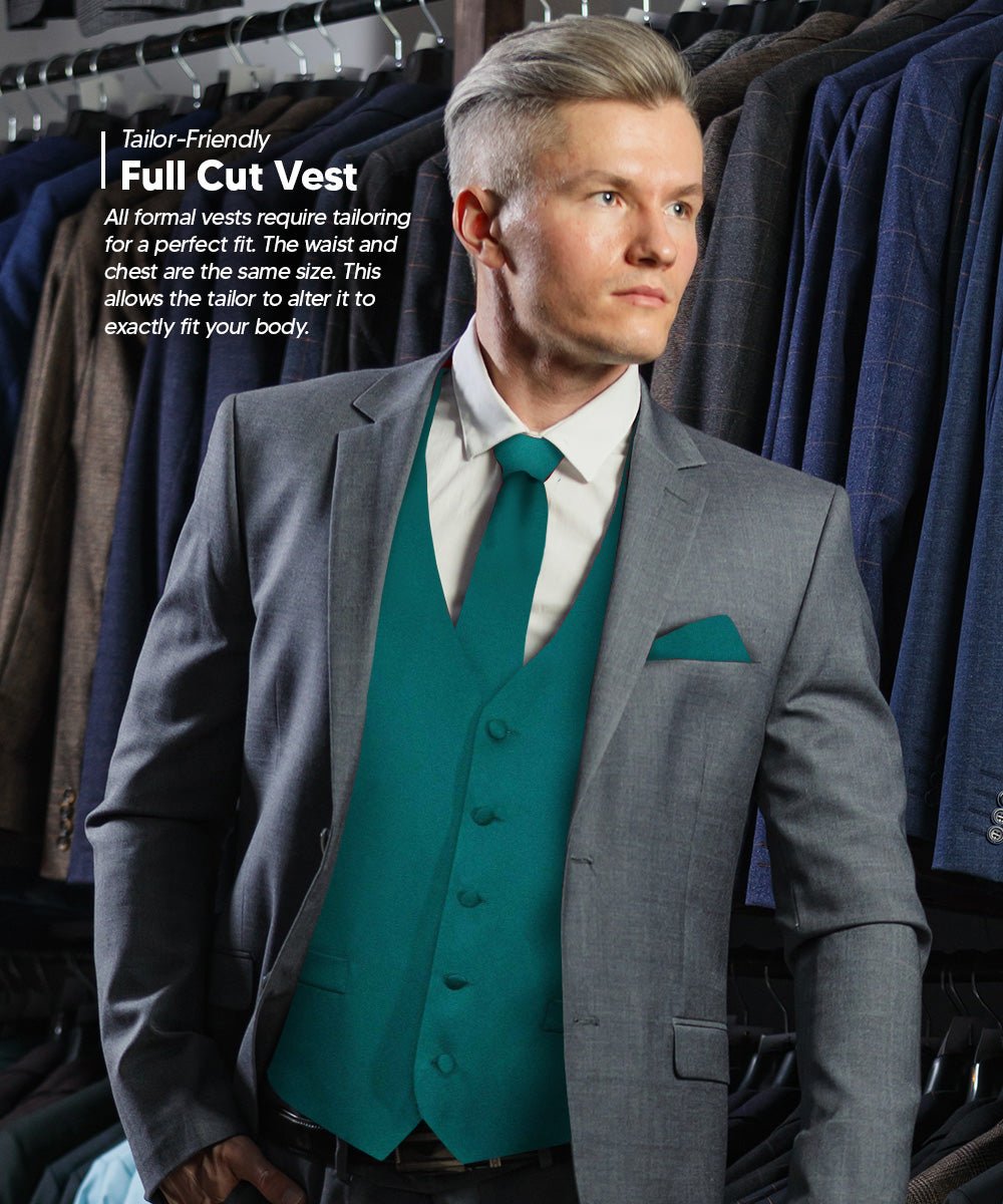 Vittorio Farina Men's Satin Vest, Necktie, Bow Tie and Pocket Square Set (Black Back) - vest_plain_BB_tealgreen_XS - Classy Cufflinks