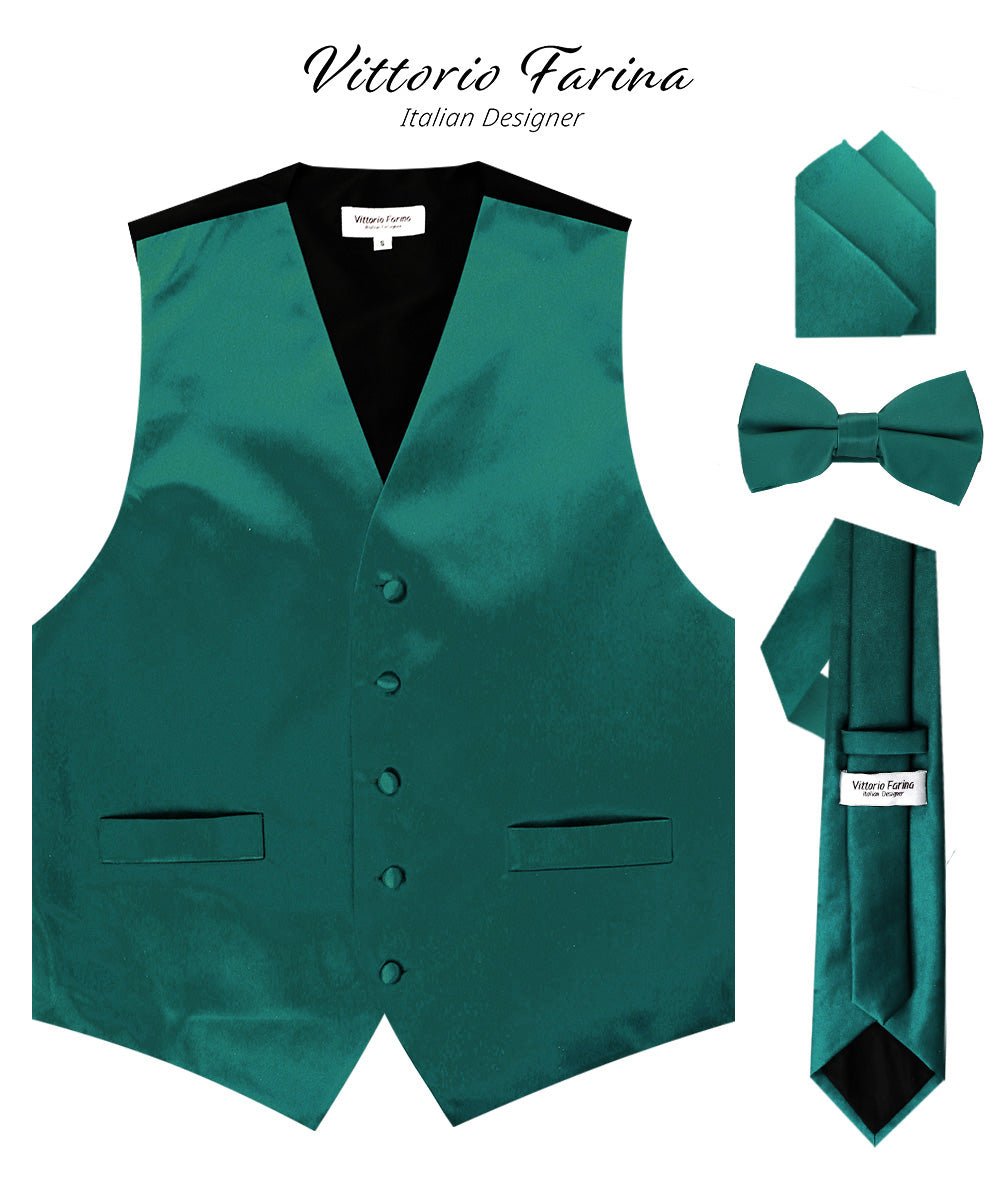 Vittorio Farina Men's Satin Vest, Necktie, Bow Tie and Pocket Square Set (Black Back) - vest_plain_BB_tealgreen_XS - Classy Cufflinks