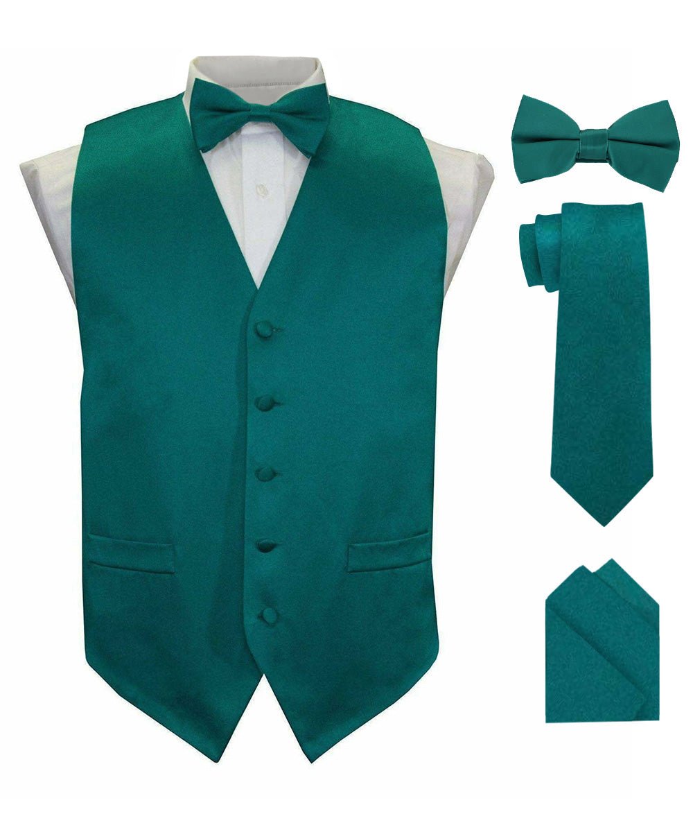 Vittorio Farina Men's Satin Vest, Necktie, Bow Tie and Pocket Square Set (Black Back) - vest_plain_BB_tealgreen_XS - Classy Cufflinks