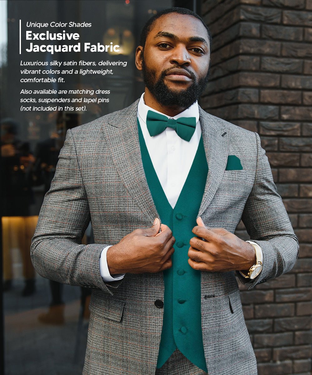 Vittorio Farina Men's Satin Vest, Necktie, Bow Tie and Pocket Square Set (Black Back) - vest_plain_BB_tealgreen_XS - Classy Cufflinks