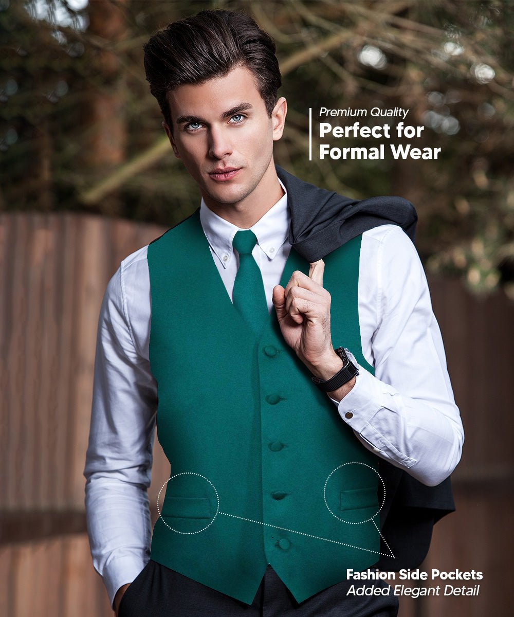 Vittorio Farina Men's Satin Vest, Necktie, Bow Tie and Pocket Square Set (Black Back) - vest_plain_BB_tealgreen_XS - Classy Cufflinks