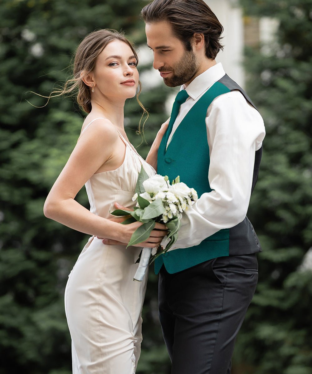 Vittorio Farina Men's Satin Vest, Necktie, Bow Tie and Pocket Square Set (Black Back) - vest_plain_BB_tealgreen_XS - Classy Cufflinks