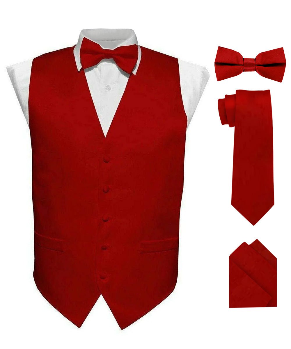 Vittorio Farina Men's Satin Vest, Necktie, Bow Tie and Pocket Square Set (Black Back) - vest_plain_BB_wine_XS - Classy Cufflinks