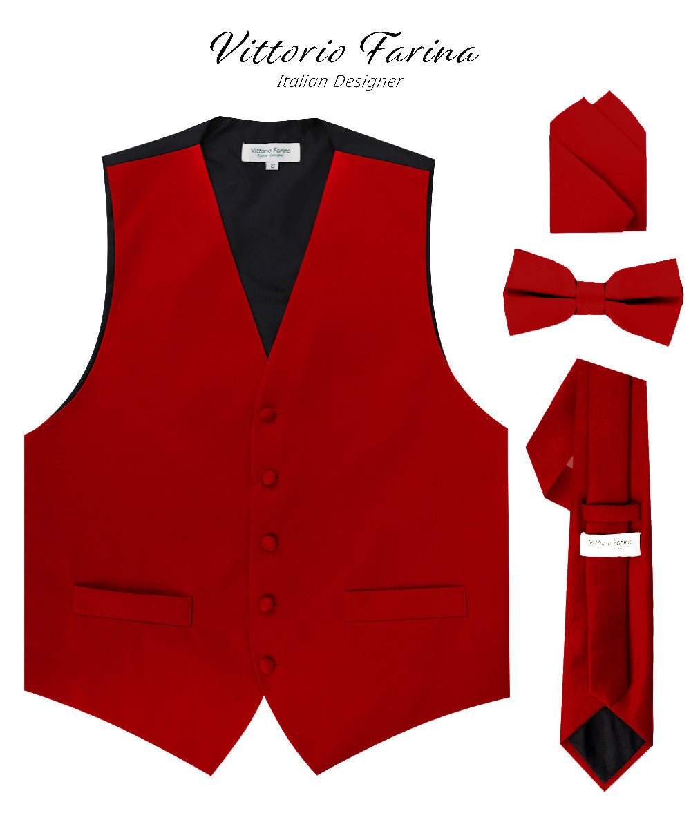 Vittorio Farina Men's Satin Vest, Necktie, Bow Tie and Pocket Square Set (Black Back) - vest_plain_BB_wine_XS - Classy Cufflinks