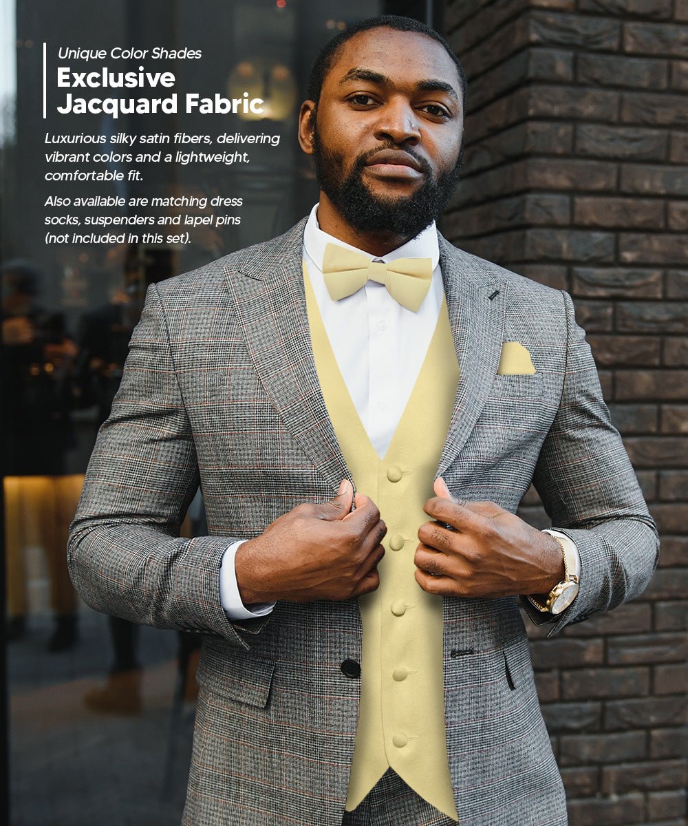 Vittorio Farina Men's Satin Vest, Necktie, Bow Tie and Pocket Square Set (White Back) - vest_plain_WB_beige_XS - Classy Cufflinks