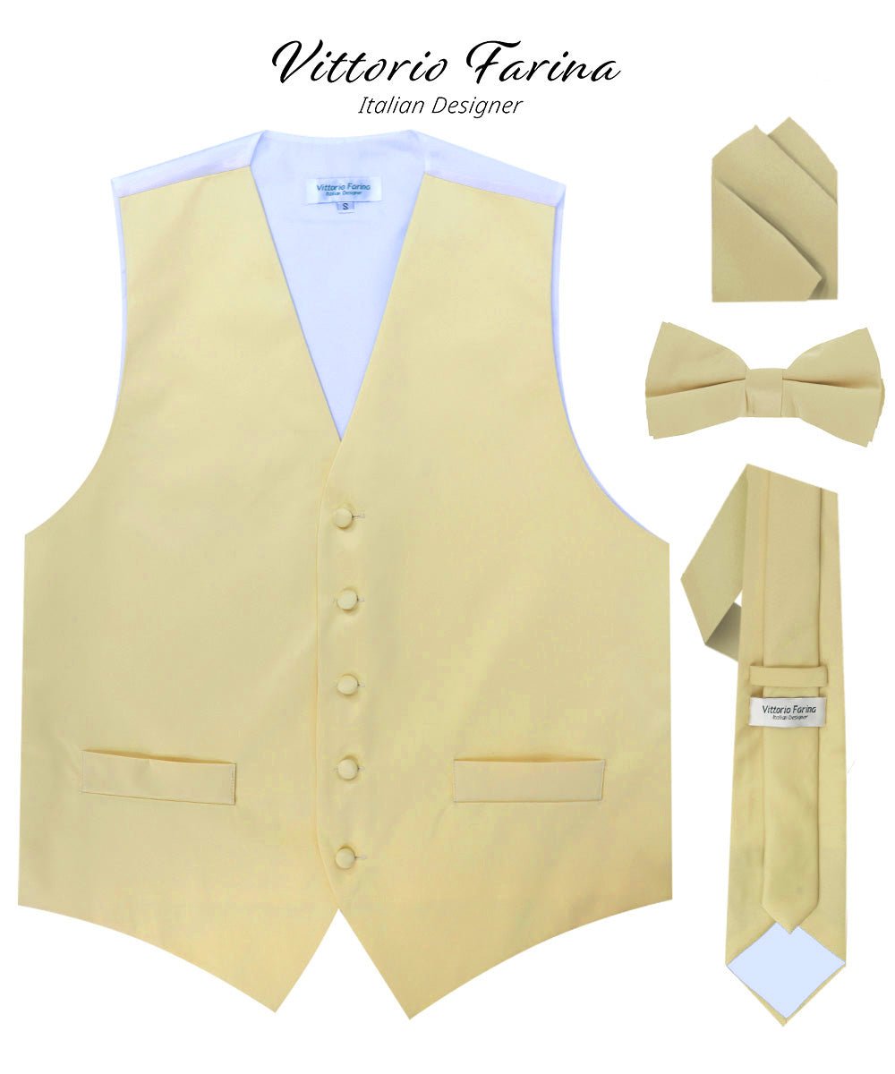 Vittorio Farina Men's Satin Vest, Necktie, Bow Tie and Pocket Square Set (White Back) - vest_plain_WB_beige_XS - Classy Cufflinks