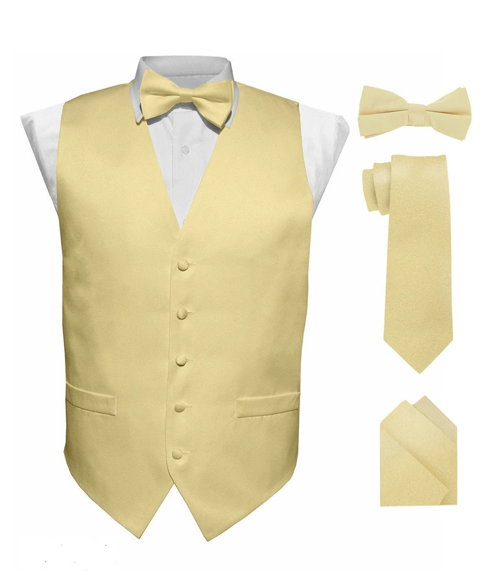 Vittorio Farina Men's Satin Vest, Necktie, Bow Tie and Pocket Square Set (White Back) - vest_plain_WB_beige_XS - Classy Cufflinks