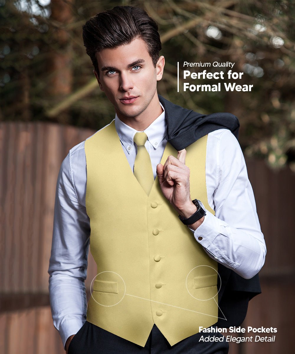 Vittorio Farina Men's Satin Vest, Necktie, Bow Tie and Pocket Square Set (White Back) - vest_plain_WB_beige_XS - Classy Cufflinks