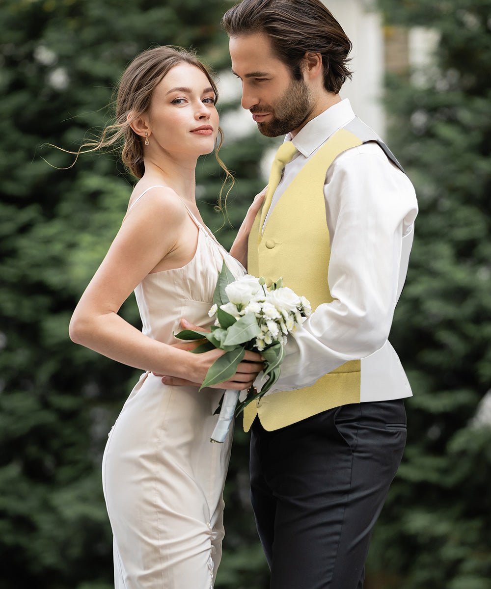 Vittorio Farina Men's Satin Vest, Necktie, Bow Tie and Pocket Square Set (White Back) - vest_plain_WB_beige_XS - Classy Cufflinks