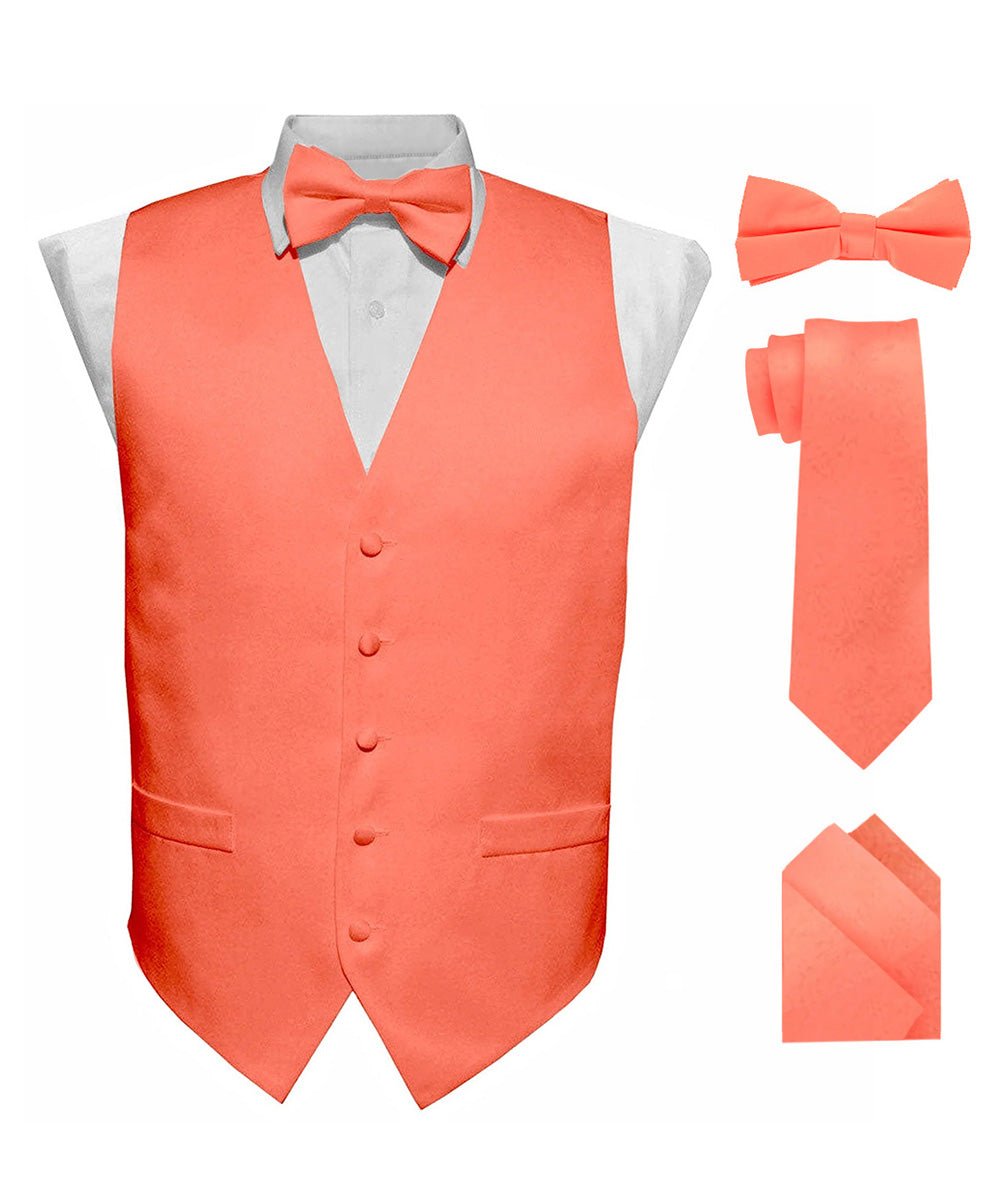 Vittorio Farina Men's Satin Vest, Necktie, Bow Tie and Pocket Square Set (White Back) - vest_plain_WB_coral_XS - Classy Cufflinks