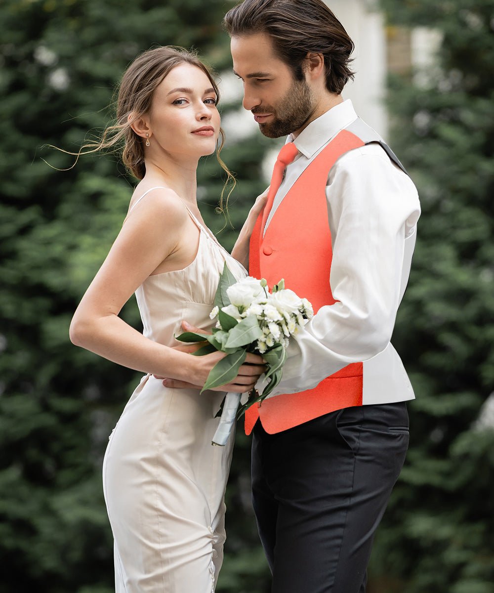 Vittorio Farina Men's Satin Vest, Necktie, Bow Tie and Pocket Square Set (White Back) - vest_plain_WB_coral_XS - Classy Cufflinks