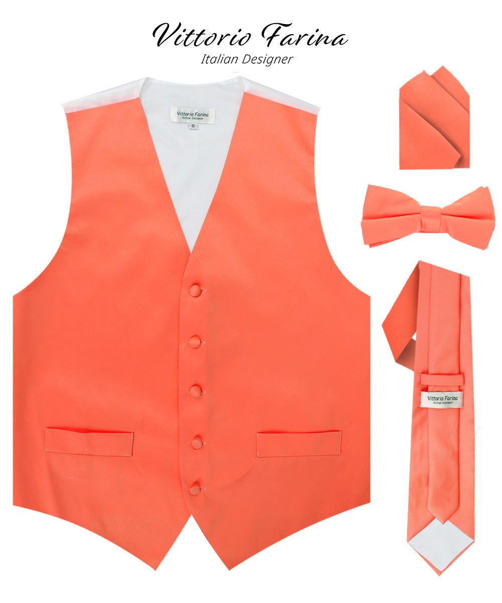 Vittorio Farina Men's Satin Vest, Necktie, Bow Tie and Pocket Square Set (White Back) - vest_plain_WB_coral_XS - Classy Cufflinks