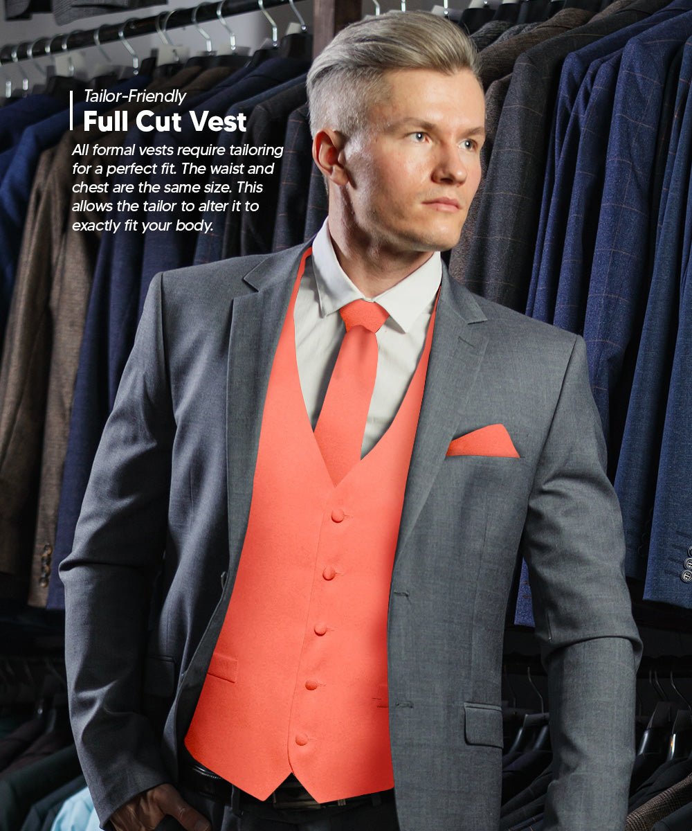 Vittorio Farina Men's Satin Vest, Necktie, Bow Tie and Pocket Square Set (White Back) - vest_plain_WB_coral_XS - Classy Cufflinks