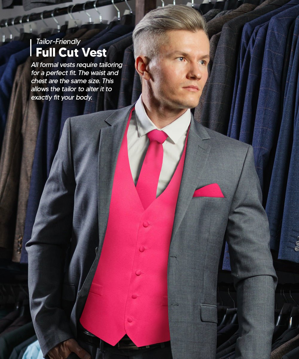 Vittorio Farina Men's Satin Vest, Necktie, Bow Tie and Pocket Square Set (White Back) - vest_plain_WB_hotpink_XS - Classy Cufflinks
