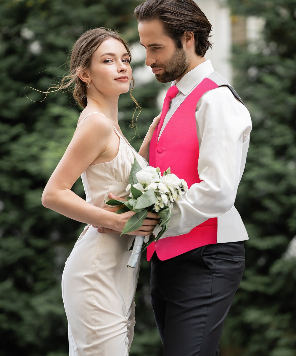Vittorio Farina Men's Satin Vest, Necktie, Bow Tie and Pocket Square Set (White Back) - vest_plain_WB_hotpink_XS - Classy Cufflinks